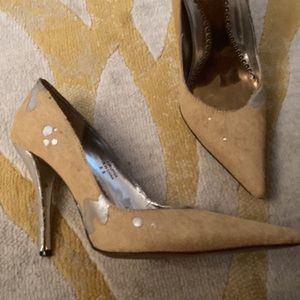 Tan Ponyhair Pumps with Metallic Silver Splash